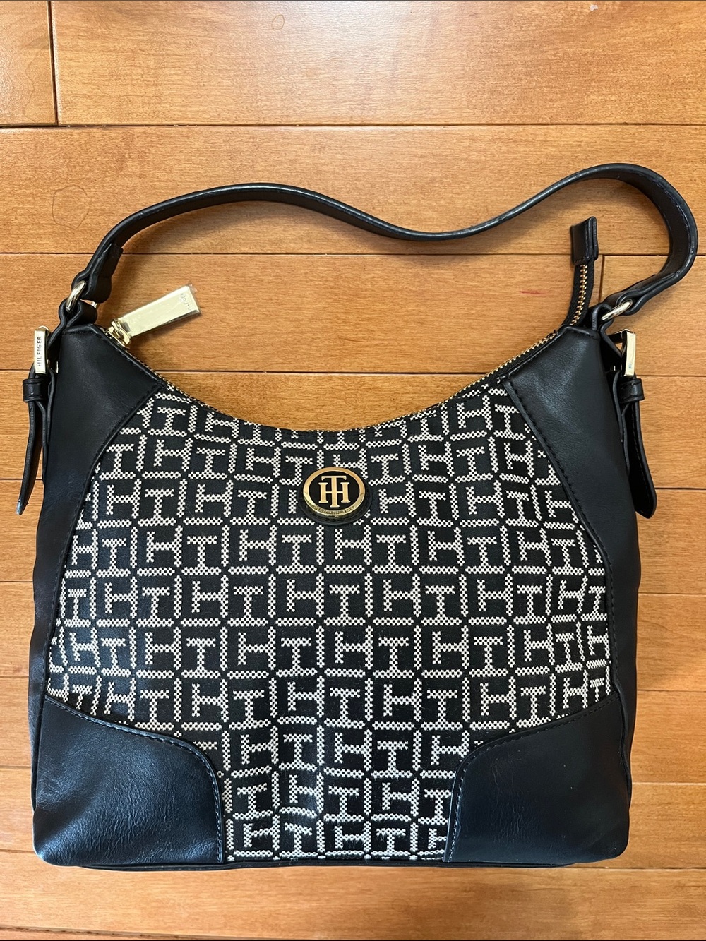 Tommy Hilfiger Black and White Logo Jacquard Shoulder Bag